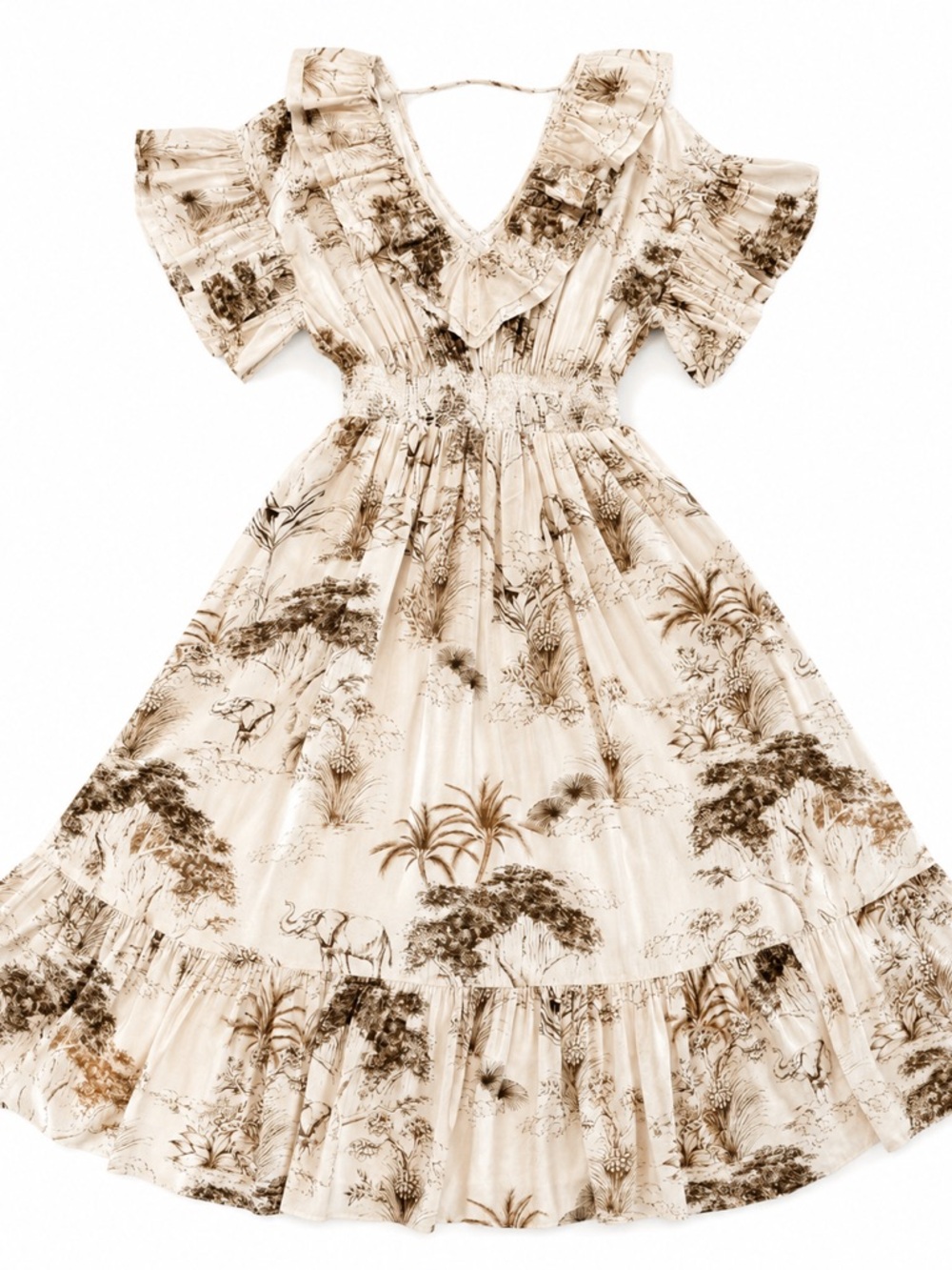 Sandro Paris Safari Toile Print Smocked Midi Dress FR 38 US 6